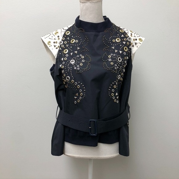 Sacai Grommet Blouse Top Womens Medium Blue White Short Sleeve Belted Edgy Urban - Picture 3 of 12